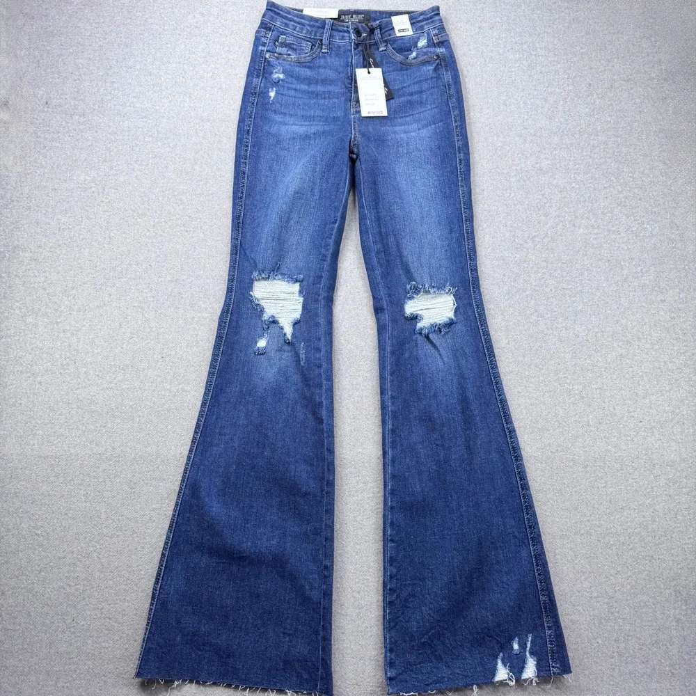 Judy Blue High Rise Control Top Distressed Flare Jeans Womens 1/25 Dark Blue NWT